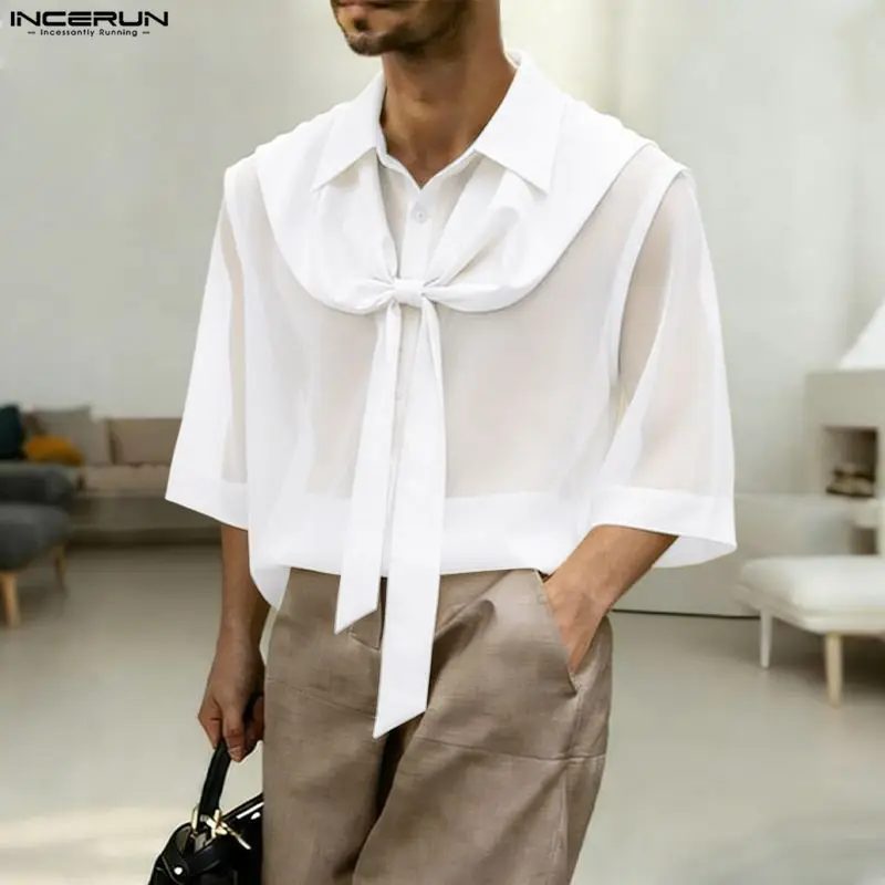 INCERUN Men's Shirt Solid Lapel Half Sleeve Loose Lace Up Men Clothes Streetwear Chiffon See Through 2026 Fashion Casual Tops