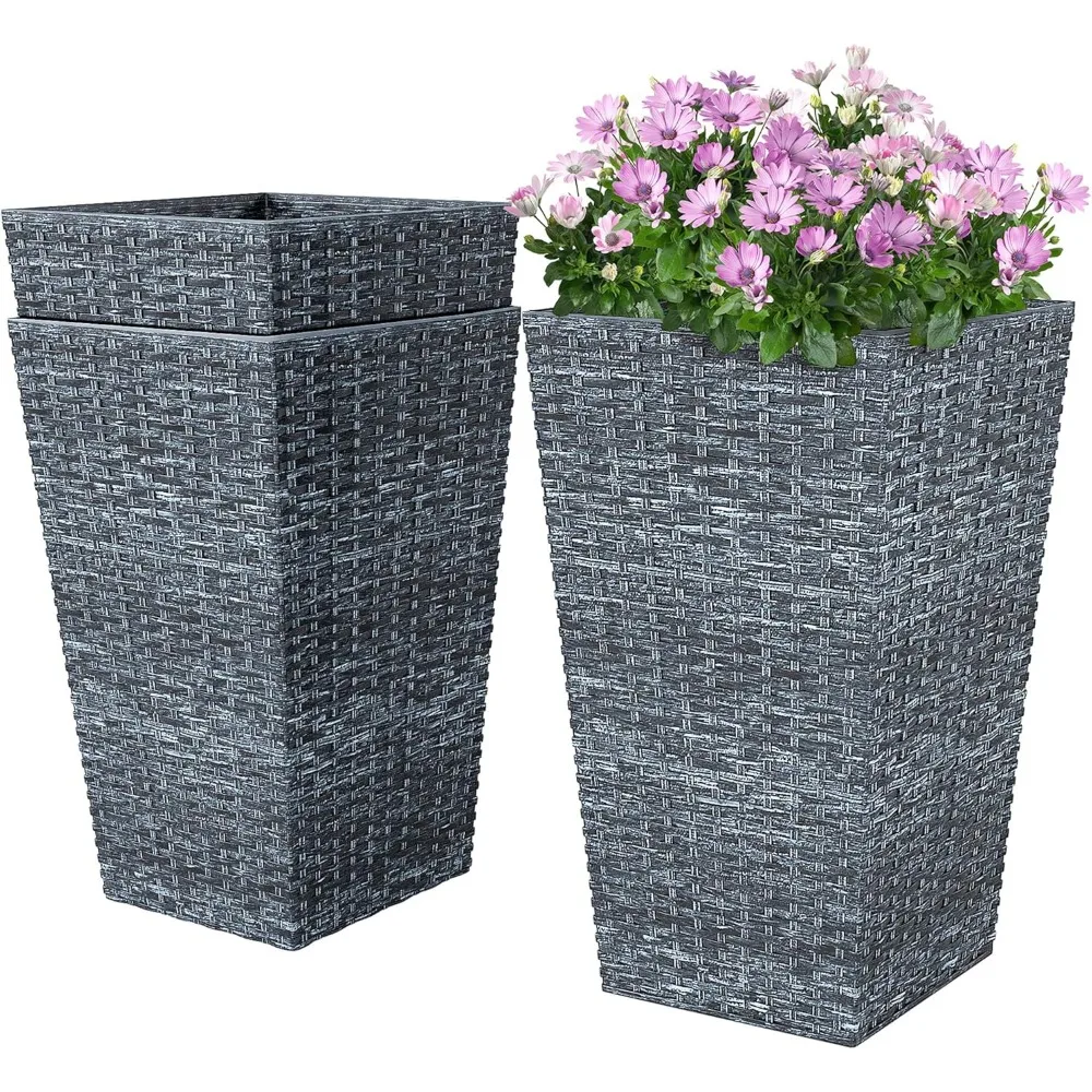 

Outsunny Tall Planters for Outdoor Plants Set of 3, 24 in Taper Planters with Drainage Holes, Rattan Decor Plant Pots for Indoor