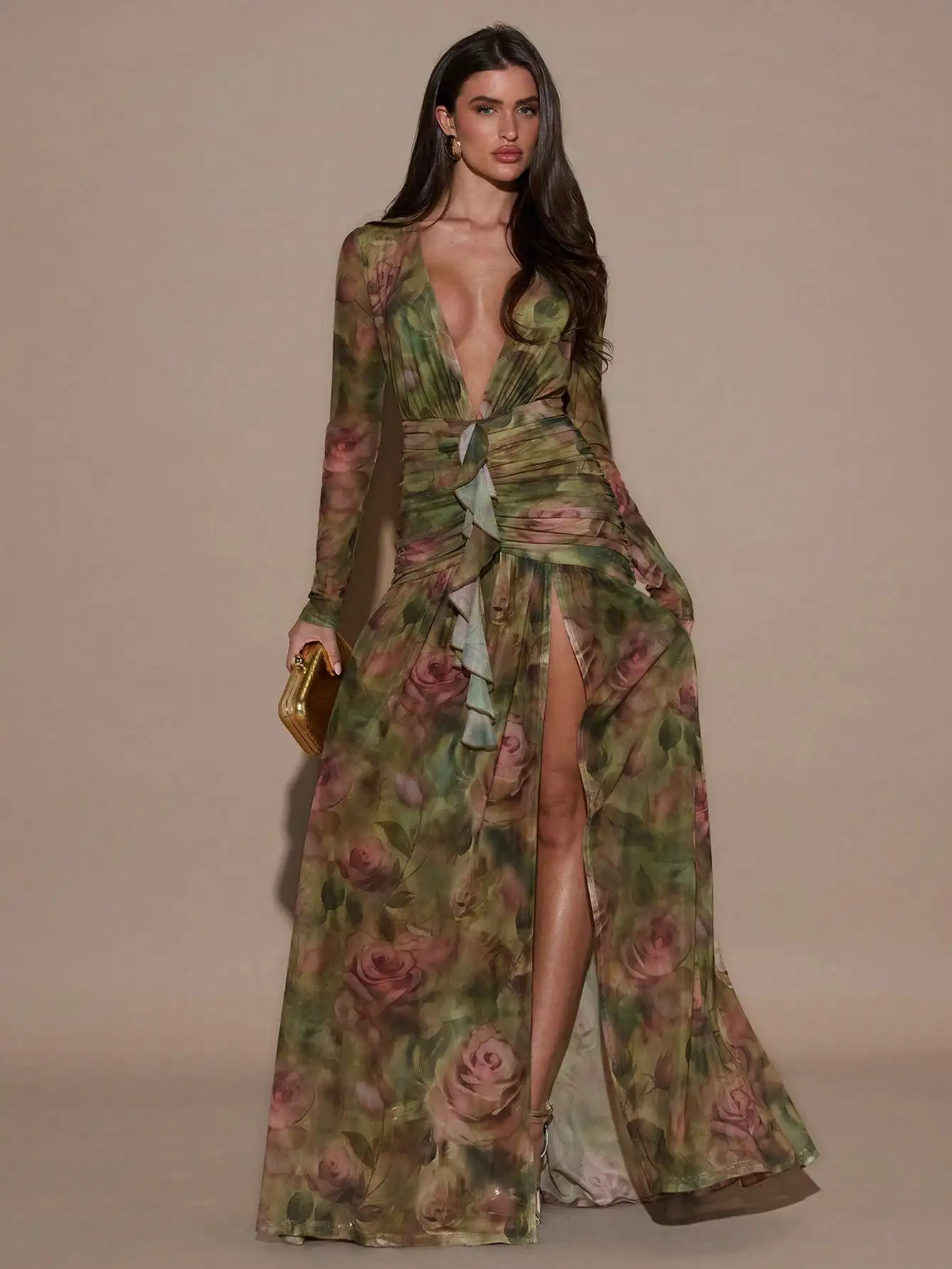

Elegant Floral Print Deep V-Neck Long Sleeve Maxi Dress with Side Slit and Ruched Waist