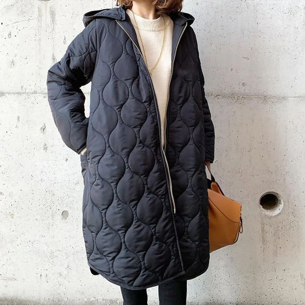 Casual Diamond Pattern Hooded Thick Coat Street Style Loose Fit Long Sleeve Zipper Closure Mid-Length Women's Jacket