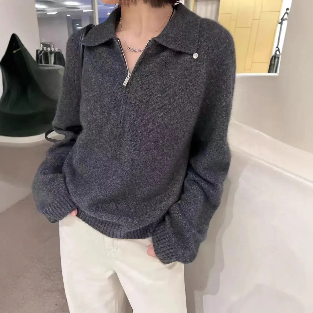 

Korean Style Polo Collar Half Zip Hoodie Women's Autumn Winter New Casual Lazy Style Floral Velvet Knitted Sweater