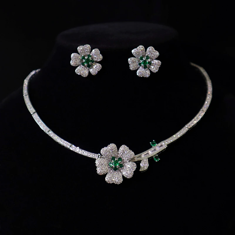 New Flower Micro-inset Zircon Necklace Earrings Two-piece Dinner with Dress Jewelry Wedding Accessories