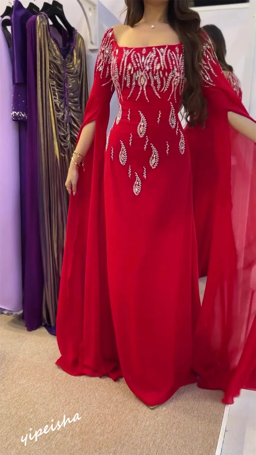 Yipeisha Sparkle Square A-line Floor Length Es Rhinestone Vertically Chiffon Customized Dresses Saudi Arabia High quality Sexy