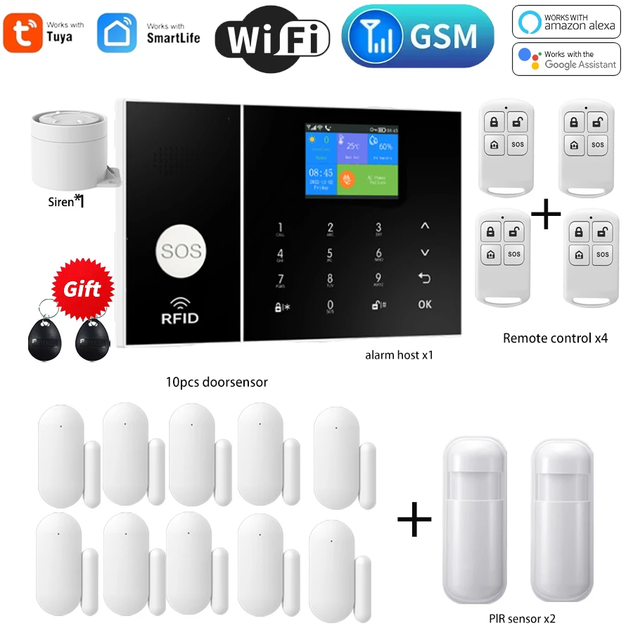 

PGST WIFI Smart Life Alarm System for Home WIFI GSM Security Alarm Host with Motion Sensor Tuya Smart App control work Alexa