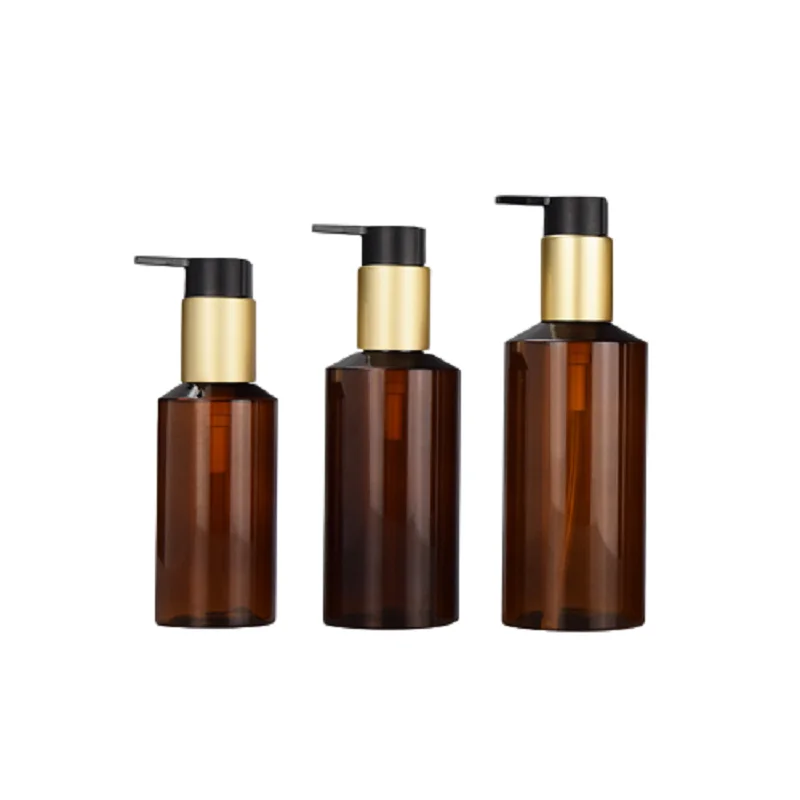 Portable Empty Clear Brown Bottle Gold Collar Black Lotion Press Pump 100ml 150ml 200ml Packaging Refillabel Container 20Pieces