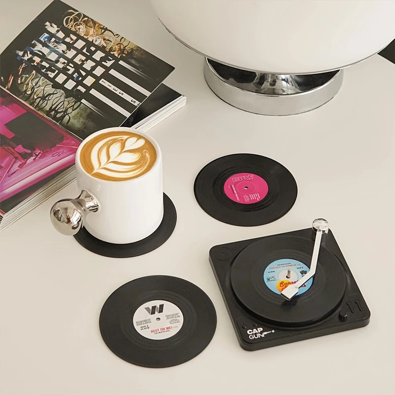 6Pcs Record Coasters with Player Storage Stand, Vintage Vinyl Record Coasters, Suitable for Home Decoration, Non-Slip Heat-Insulating Coasters, Coffee Table Cup Coasters, Coffee Cup Coasters, Gift Items