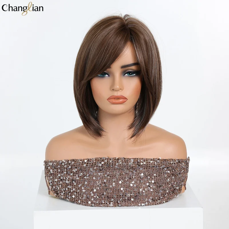 European and American fashion wigs, flattering light brown short straight hair, naturally voluminous, face-slimming, age-reducin