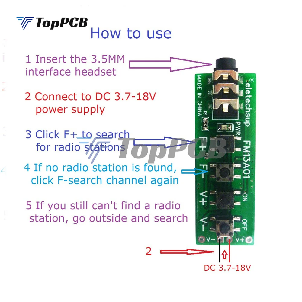 Two-channel Stereo VHF FM Radio Module FM Receiver Board 76MHz~108MHz DC 3.7V-18V