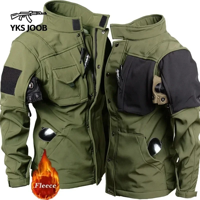 Winter Fleece Shark Skin Soft Shell Men\'s Jackets Multiple Pockets Waterproof Windproof Warm Jacket Men\'s Outdoor Tactical Coat