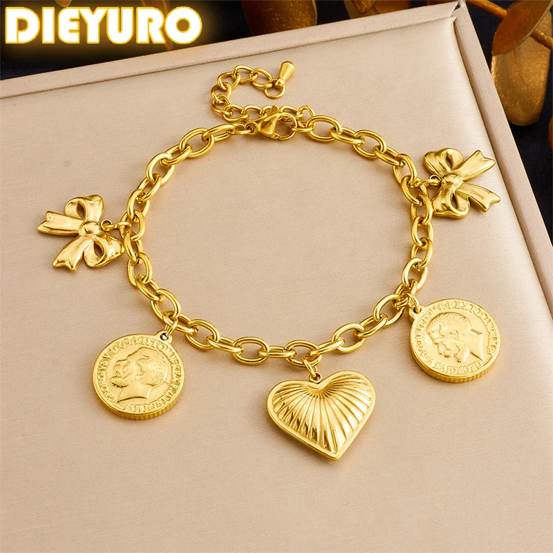 DIEYURO 316L Stainless Steel Golden Bowknot Circular Portrait Heart Bracelet For Women Classic Wrist Chain Jewelry Party Gift