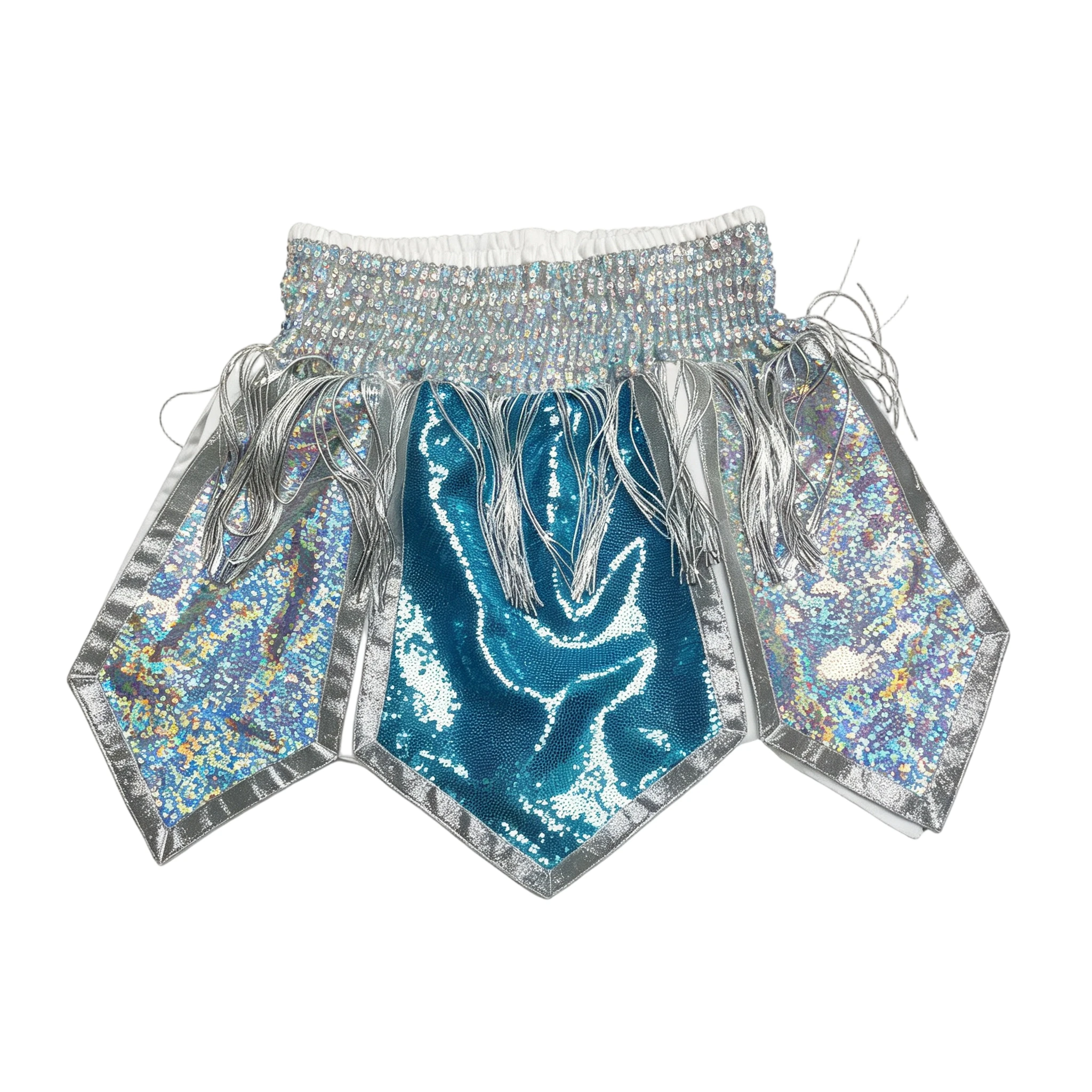Sequin Muay Thai Shorts Blue Tassel Boxing Shorts Men Women Kids Sparkly MMA Fight Shorts for Competition Performance Show Event