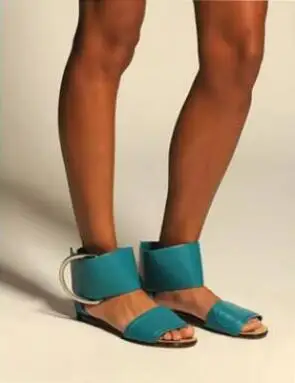 Lake Blue Red White Soft Leather Big Buckle Strap Flat Sandals Leisure Round Open Toe One Line Cover Heel Beach Flats Sandals