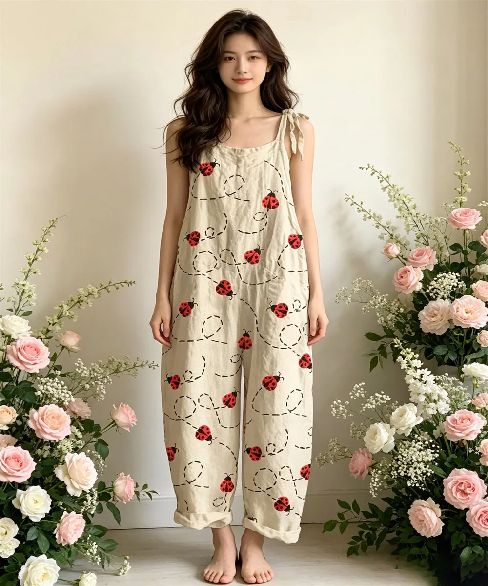 

2026 Women's new cartoon ladybug print comfortable jumpsuit, off shoulder sleeveless loose jumpsuit