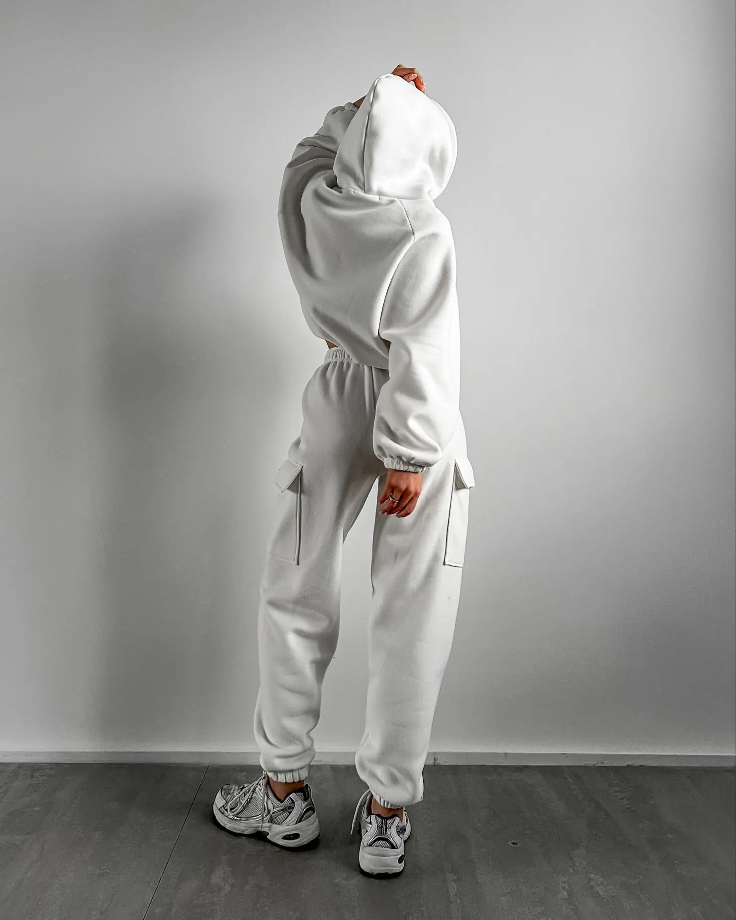 Women\'s Hoodie Set Solid Color Pullovers Kangaroo Pocket Sweatshirt Cargo Pants Set Drawstring Loose Casual Female\'s 2pcs Sets