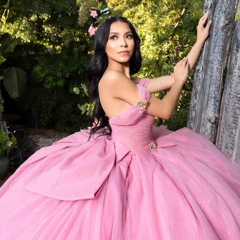 Sonhar Vestidos Pink Glitter 15 Quinceanera Dresses Ball Gown Off Shoulder Party Dress With Bow Customized 15 Years Princess Dre