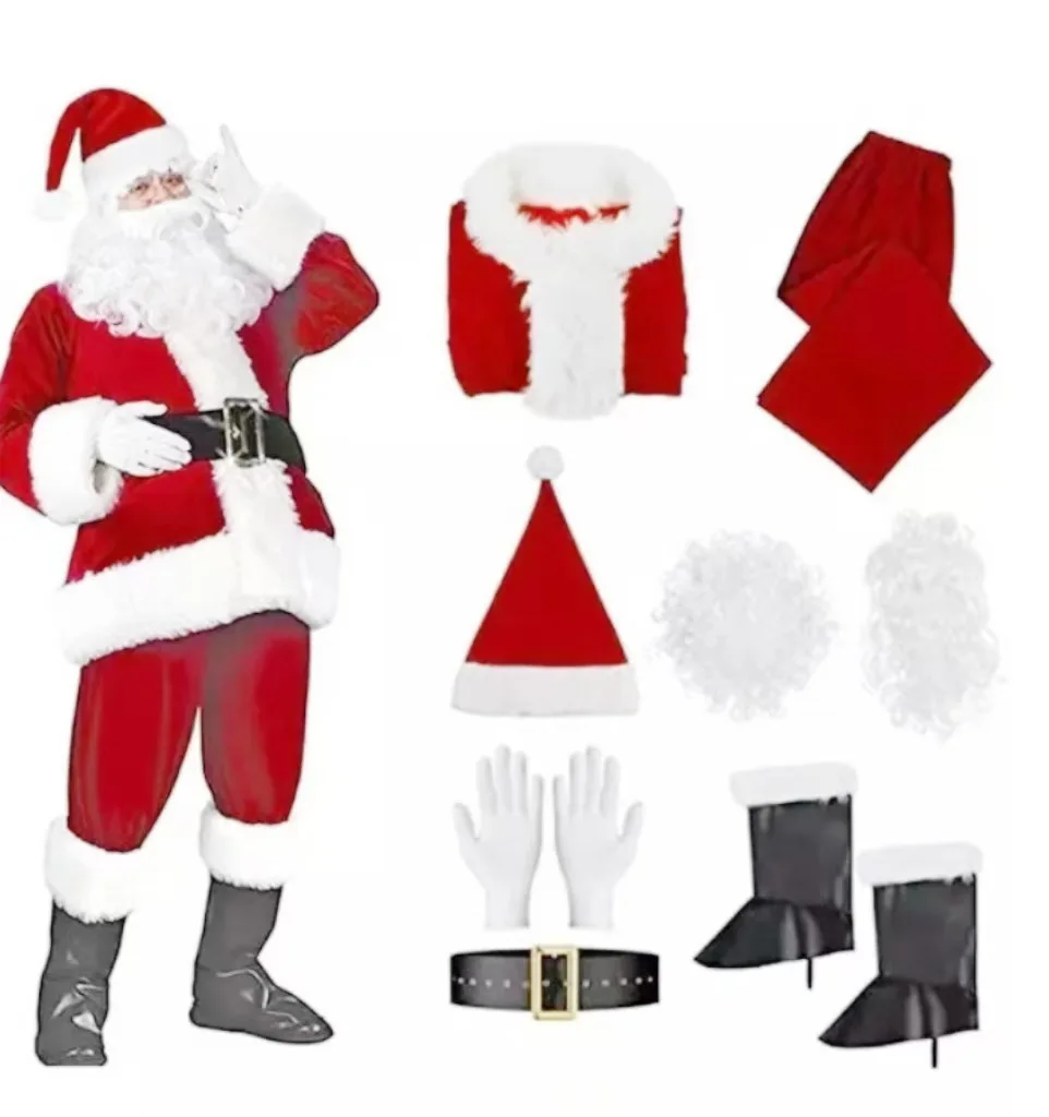 Mens Velvet Santa Claus Costume Thickened Classic Christmas Outfit Complete Xmas Performance Suit with Accessories