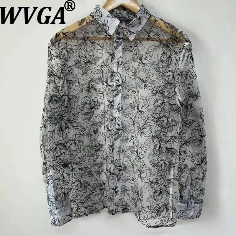 WVGA Summer New Man Chinese Style Traditional Painting Embroidery Sheer Mesh Long Sleeve Shirt Niche Chic Casual Tops Ins W22909
