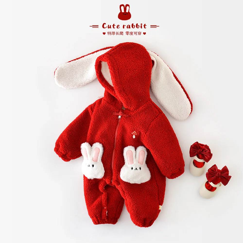 UNIFEMEN Baby Girls Winter Jumpsuit Cartoon Rabbit Hooded Plush Thick Woolen Infant Girls Climbing Suit Newborn Girl Romper