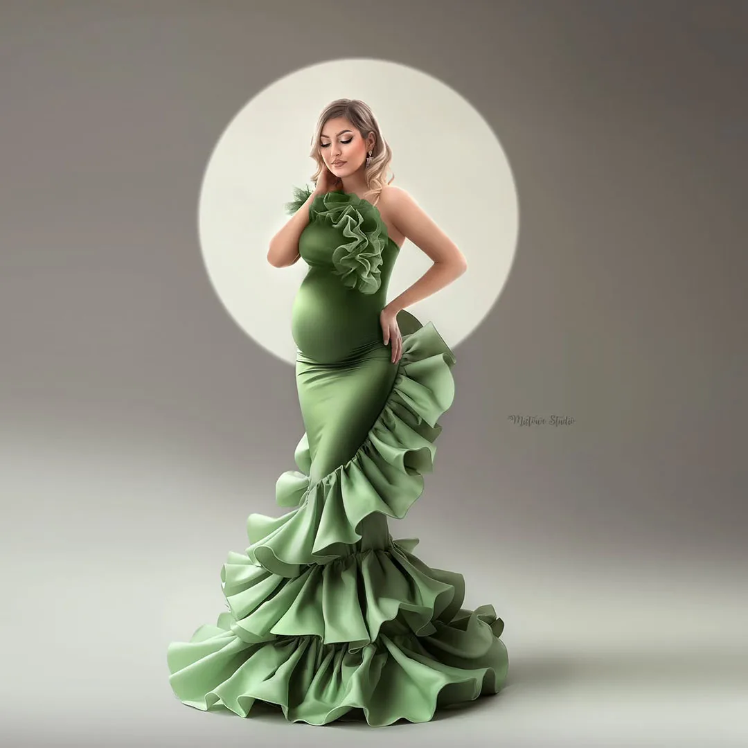 

Chic Green Stretchy Spandex Mermaid Maternity Dresses Strapless Ruffles Tulle Pregnancy Women Baby Shower Party Gowns Customized