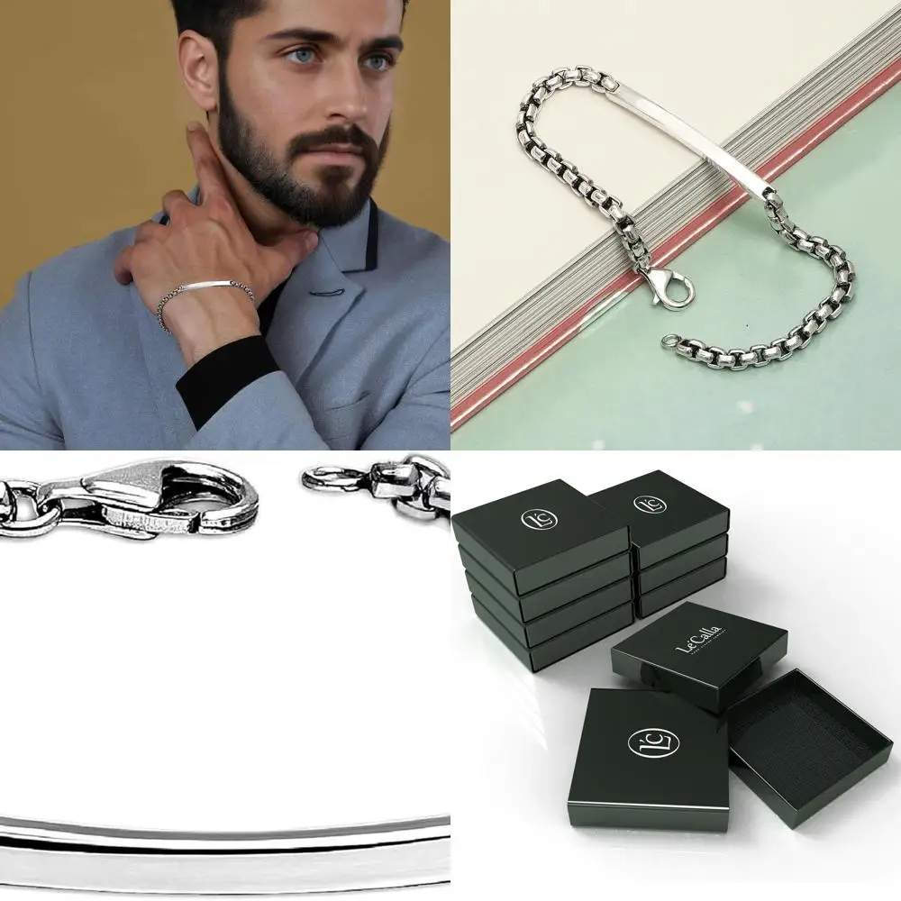 

Italian Crafted 925 Sterling Silver Men's Box Chain ID Bracelet with Square Rolo Links (7.5-9 Inches)
