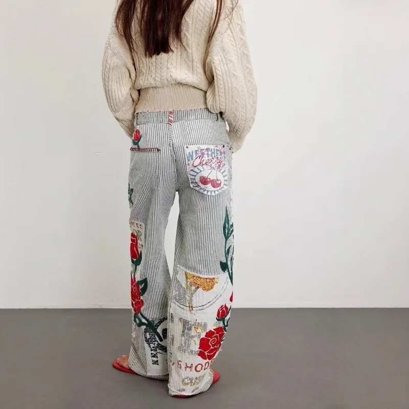 Pantalones rectos sueltos Y2K, ropa de calle Otoño Invierno para mujer, pantalones acampanados con estampado 3D a rayas, pantalones informales coreanos Harajuku de cintura alta