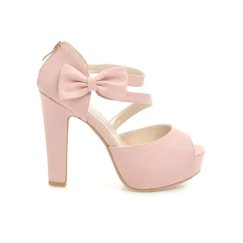 Bowtie Women Platform Sandals High Chunky Heel Black White Pink Peep Toe Wedding Party Office Lady Sexy Summer Cross Strap Shoes