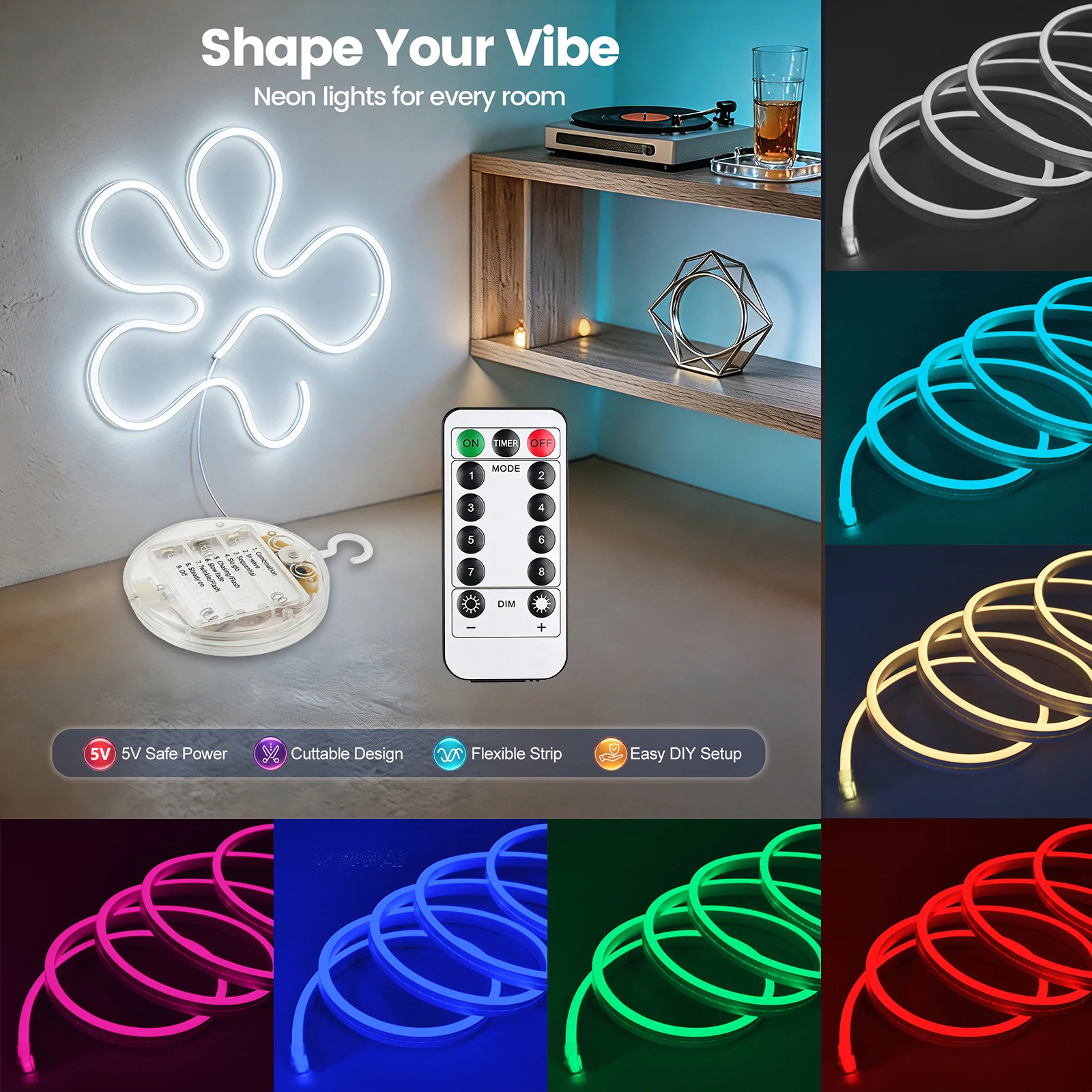 5V Neon Rope Light 8 Lighting Modes 120LEDs/m 3AA Waterproof Battery Box Silicone Strip for Indoor Outdoor Party Festival Decor
