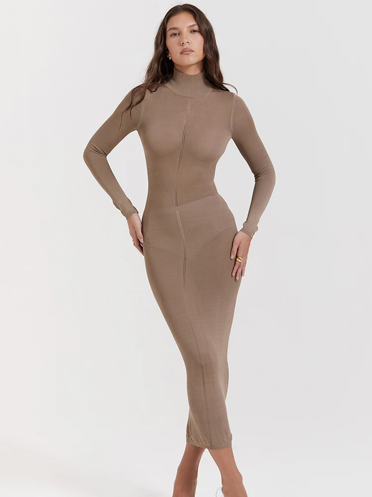 Mozision Turtleneck Backless Bodycon Midi Dress For Women New Autumn Winter Long Sleeve Club Party Sexy Long Dress Vestidos