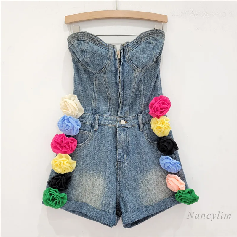 Design Three-Dimensional Flower Tube Top Denim Jumpsuit for Women Sexy Hot Girl A- Line Wide Leg Shorts Summer Denimwear