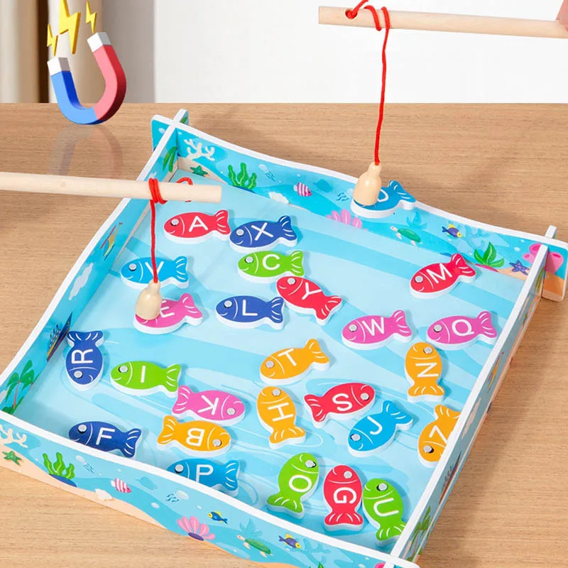 Children Puzzle Early Education Wooden Magnetic Fishing Toys Creative Spell Words Cognitive Matching Desktop Game Fishing Toy
