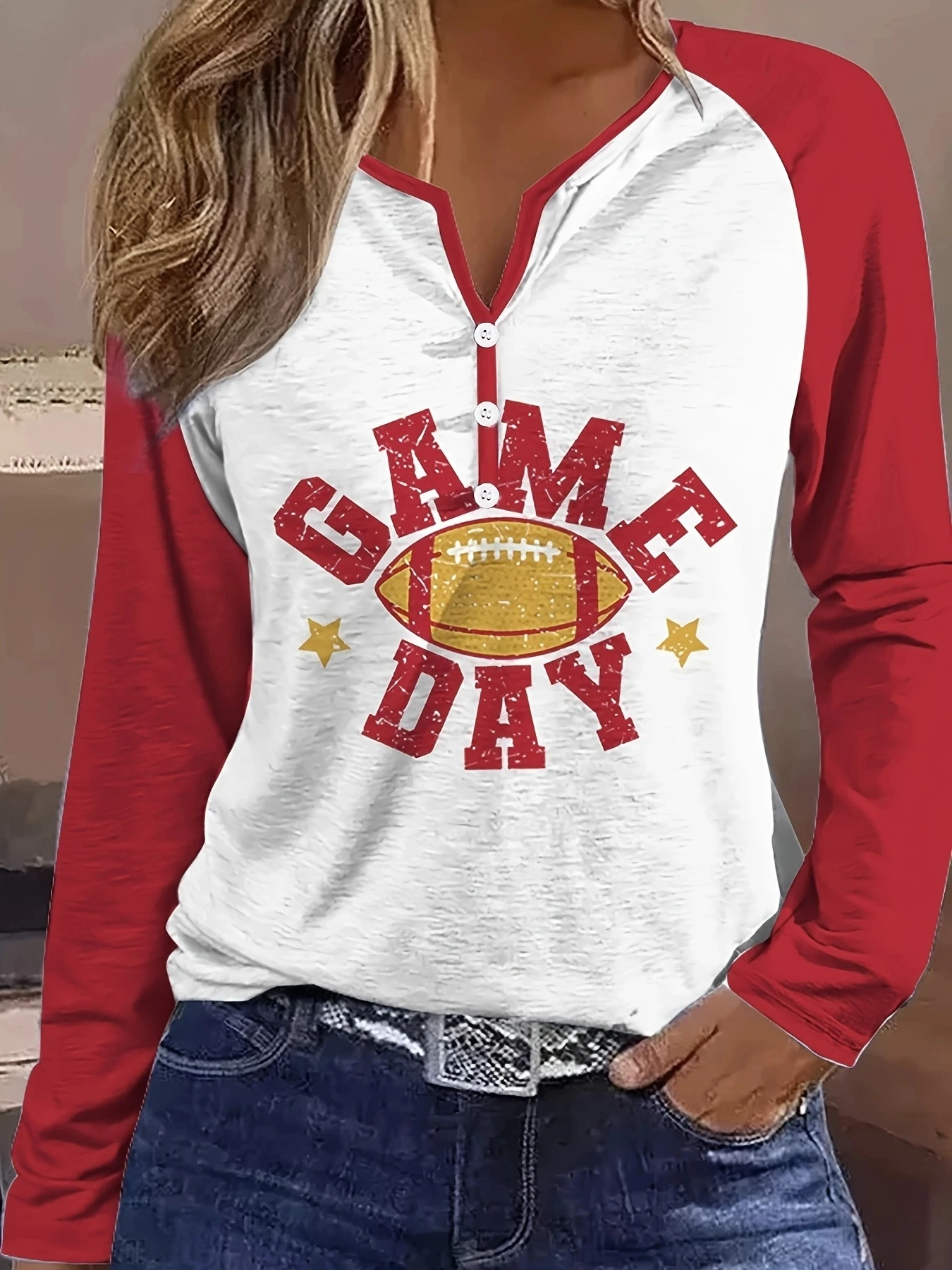 Women's V-neck printed color blocked long sleeved shirt, Spring and Autumn street style Y2K, suitable for back to school season