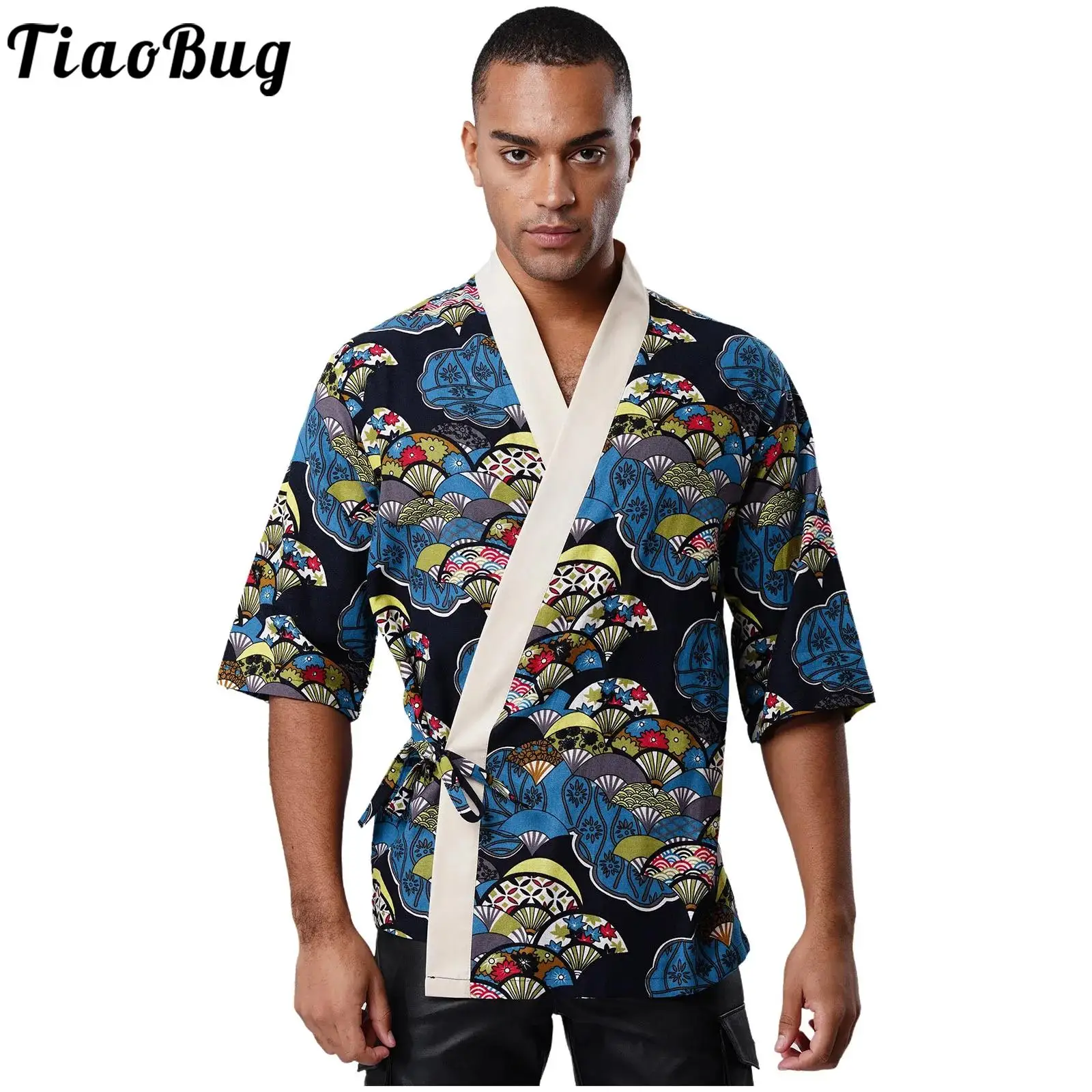 

Men Japanese Sushi Chef Coat Traditional Print 3/4 Sleeve Lace-up Cook Kimono Jackets for Izakaya Japanese Cuisine Restaurant