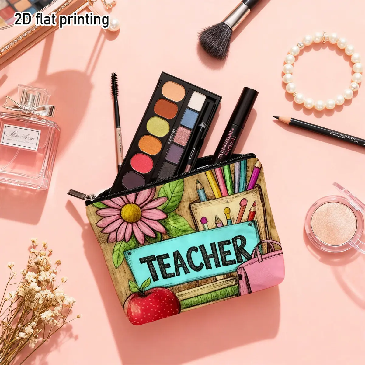 Teacher Apple Pen Makeup Bag Cute Classroom Stationery Themed Design for Storing Daily Cosmetics Traveling with Toiletries
