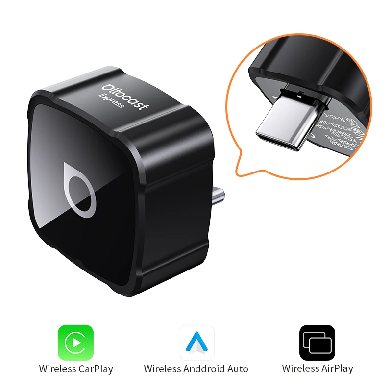 Ottocast Mini Air Mirroring Carplay Adapter Kabelloses Android Auto Carplay Smart AI Box 3-in-1 Kabelloses CarPlay mit OTA-Update USB Wireless Type-C Plug & Play Zubehör mit YouTube TikTok