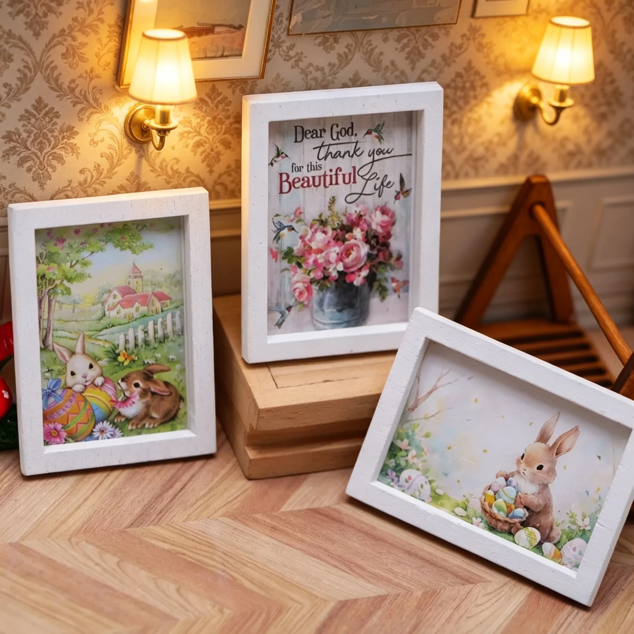1:12 Dollhouse Miniature Easter Bunny Framed Prints, 4Pcs/Set Room Decor