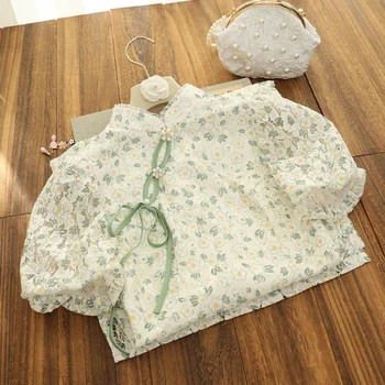 المرأة الخضراء الغابات مجزأة زهرة فقاعة كم تحسين تشيباو الصيف الفتيات الصغيرات الحديثة الصينية فستان طويل فساتين شيونغسام