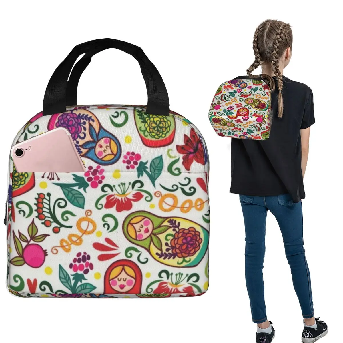 

Русская матрьошка с цветами, изолированная сумка для обеда для женщин и детей, герметичные коробки для еды, термобокс для обеда, сумка