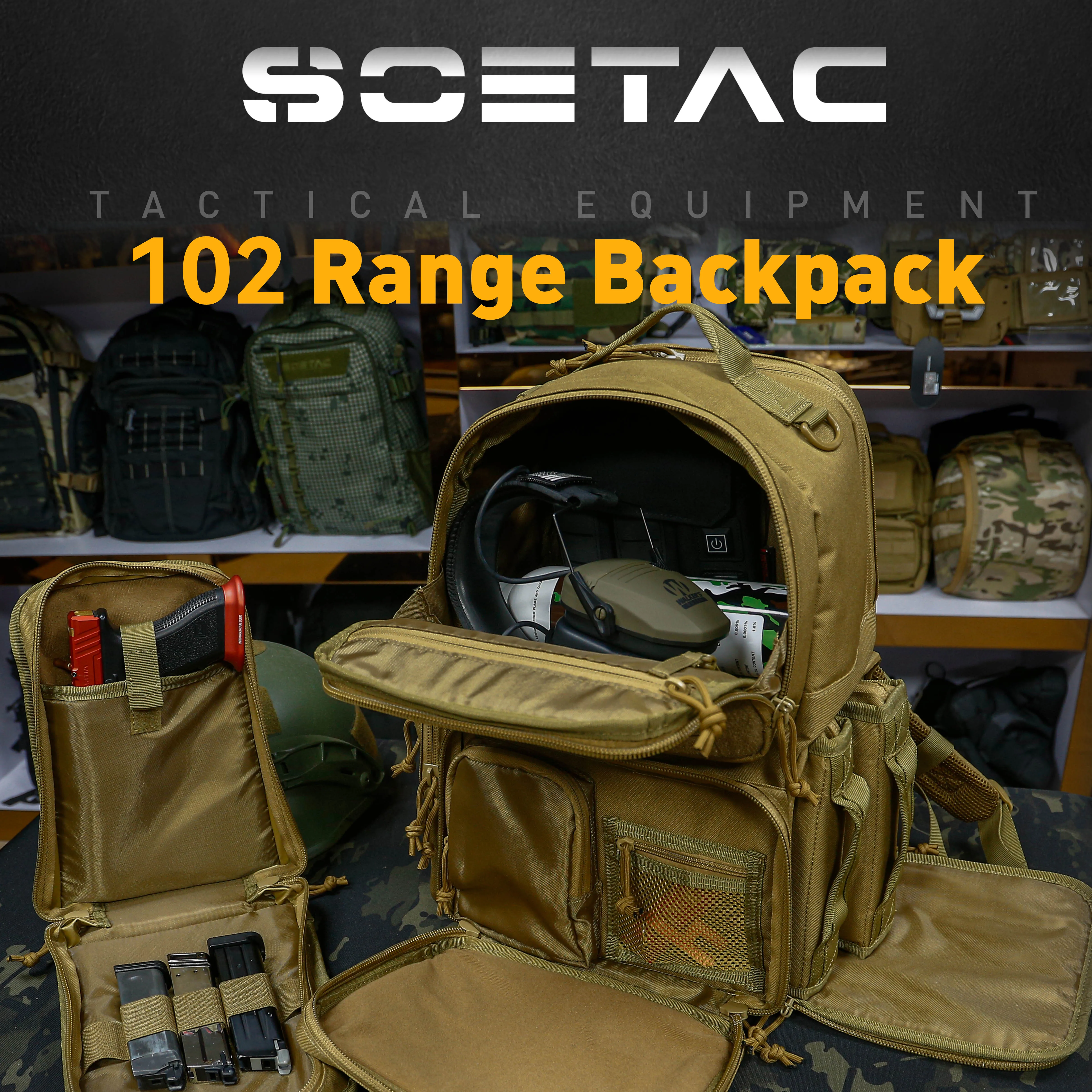 SCETAC 102 Range Backpack 900D Oxford Tactical Shooting Bag with Pistol Mag Holder Large Capacity Ammo Gear Organizer