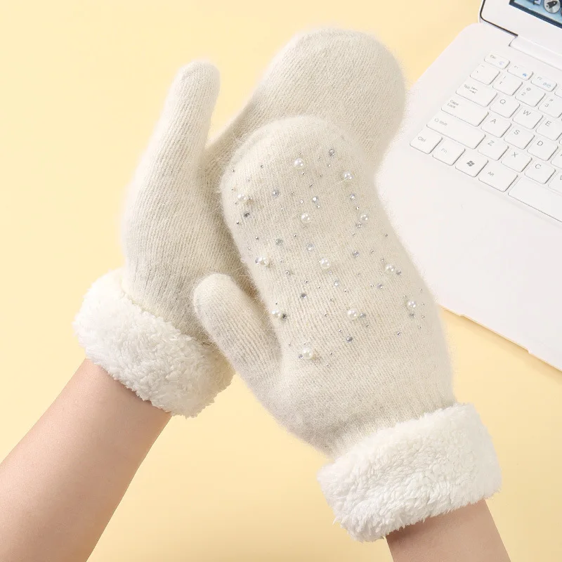 KayCrowne Cute Imitation Pearls Gloves for Women Elegant Winter Warm Young Student Thicken Velvet Acrylic Knitted Glove Mittens