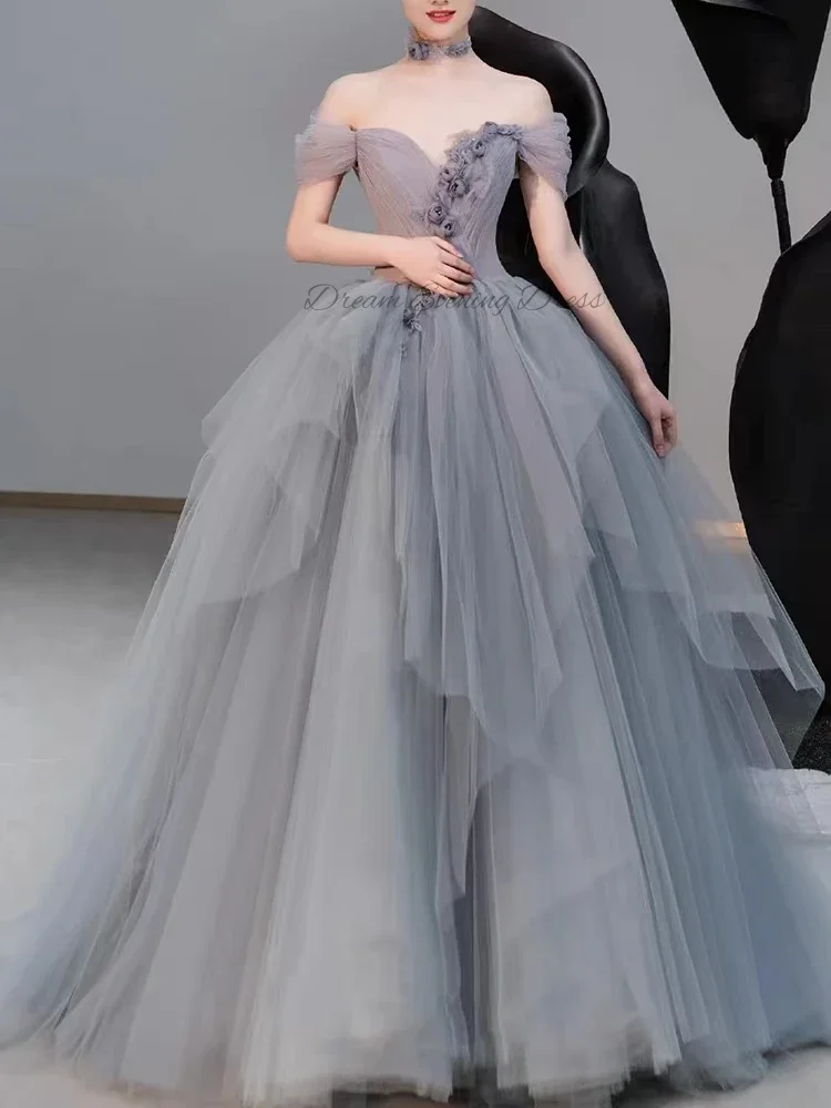 Elegant 2023 Grey Sweetheart Fluffy Evening Dresses A-line Off Shoulder Back Embroidered Formal Prom Dresses Customization