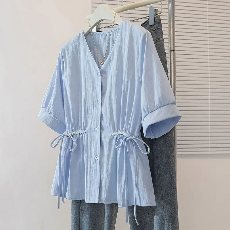 

Women Clothing Plus Size Lacing Loose Elegant Blouse Summer Office Short Sleeve V Neck Solid Vintage Shirt Tops Fashion Casual