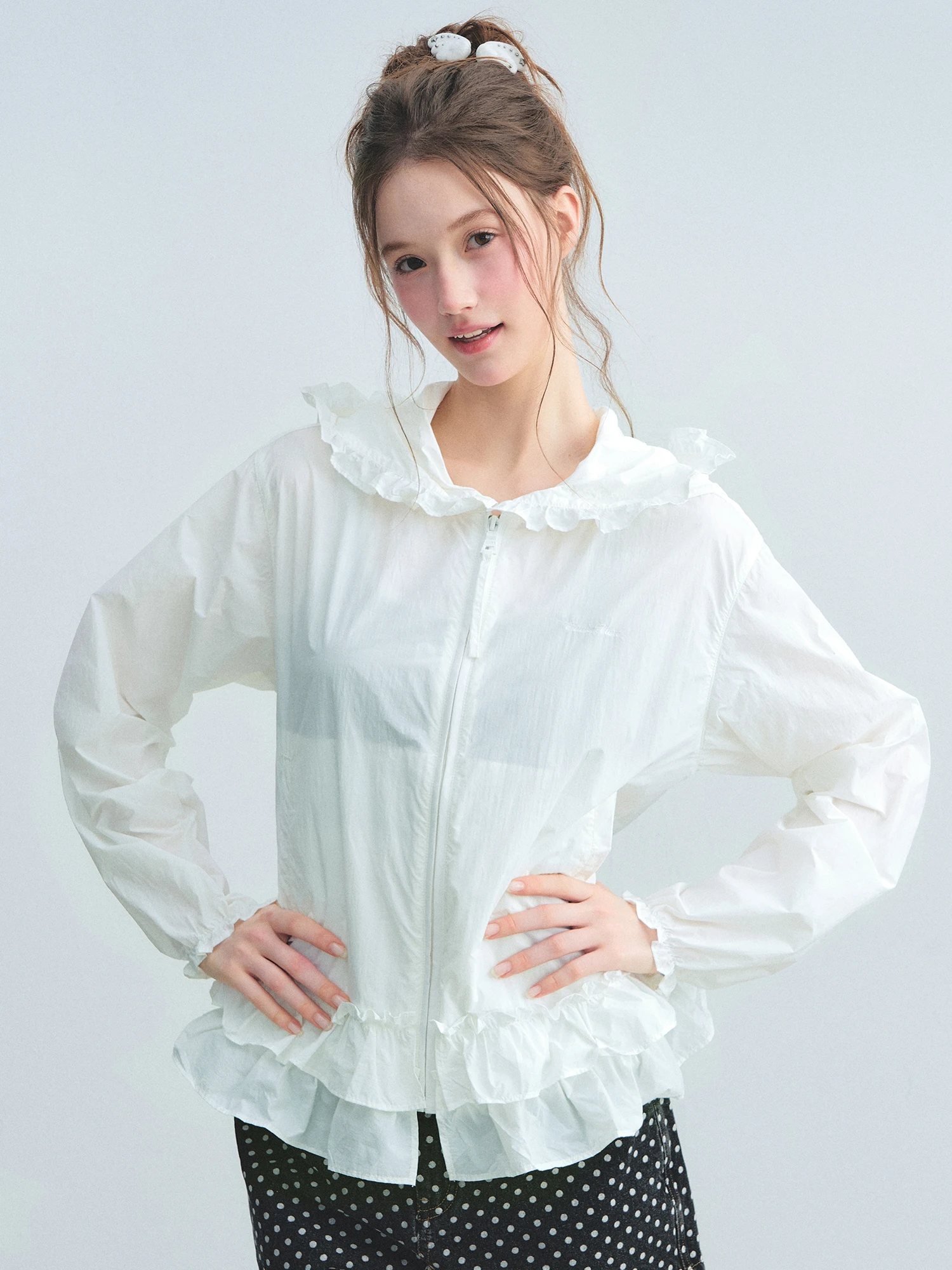 Guukahero Korean Style Ruffle Hooded Jacket Women's Summer Outdoor Cool Feeling Breathable Skin Shirt Sun Protection