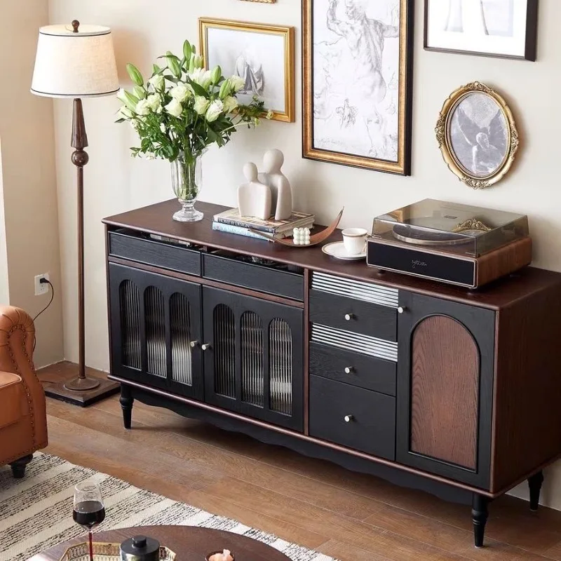 American retro solid wood dining side cabinet French antique style living room storage storage wine and tea cabinet
