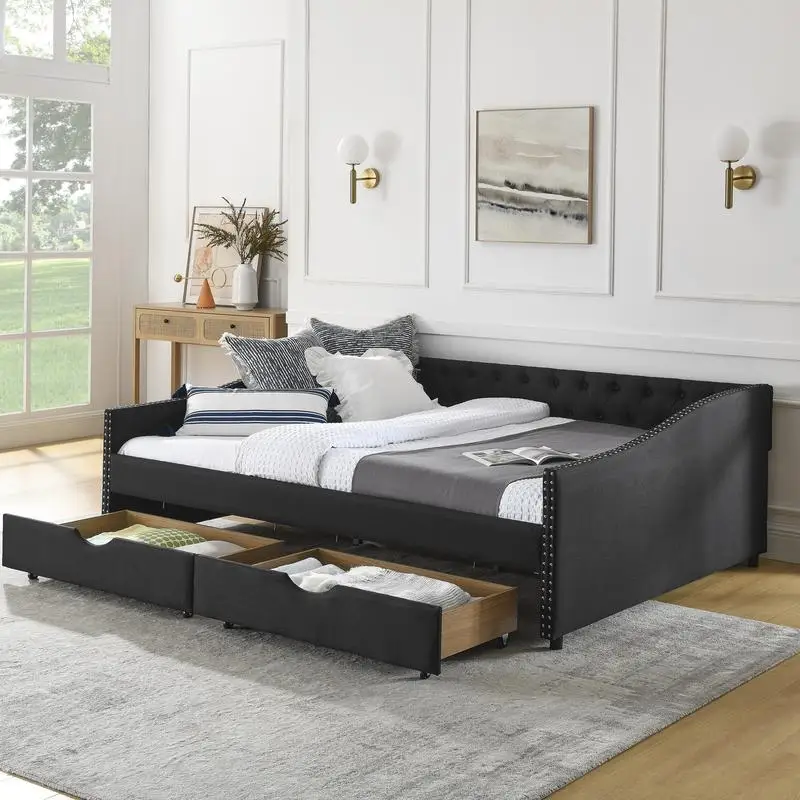 Queen Size Daybed with Drawers, Upholstered Tufted Sofa Bed with Button Back and Copper Nail on Curved Arms, Dimensions