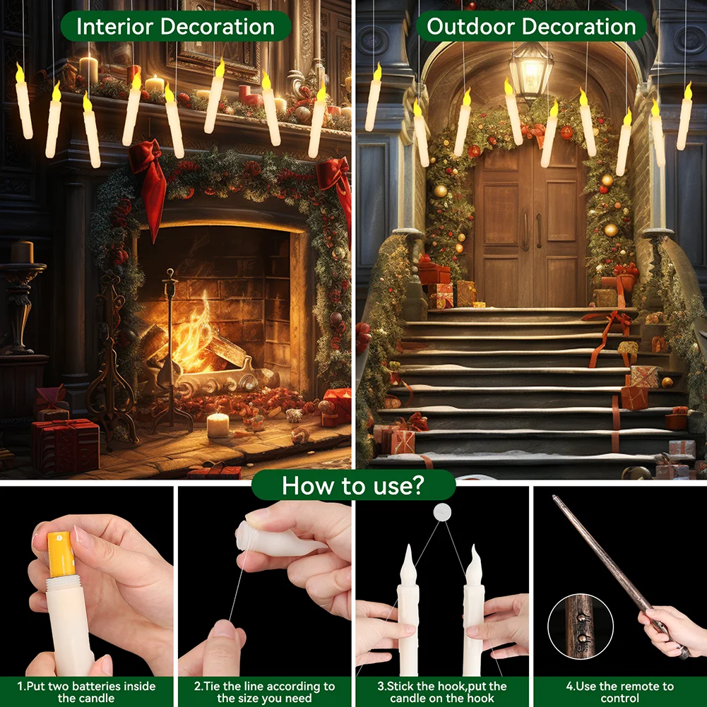 Set of 12/24 Hanging Floating Candles with Magic Wand LED Flickering Candles Flameless Battery Operated for Halloween Xmas Party