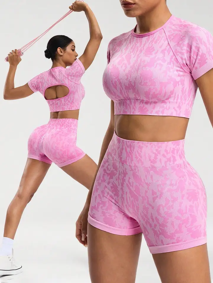 Pink Print Seamless Crop Top Cycling Shorts Set