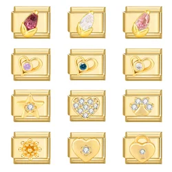 Gold Color Vintage Heart Moon Sunny Zitcon Italian Charm Links Fit 9mm Stainless Steel Bracelet Women Jewelry DIY Making Gifts