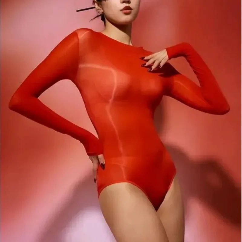 

Sexy Glossy Shiny Bust Seamless Bodystocking Long Sleeve Bikini Bodysuit Tights Hot Body Teddies Clubwear Transparent Swimsuit