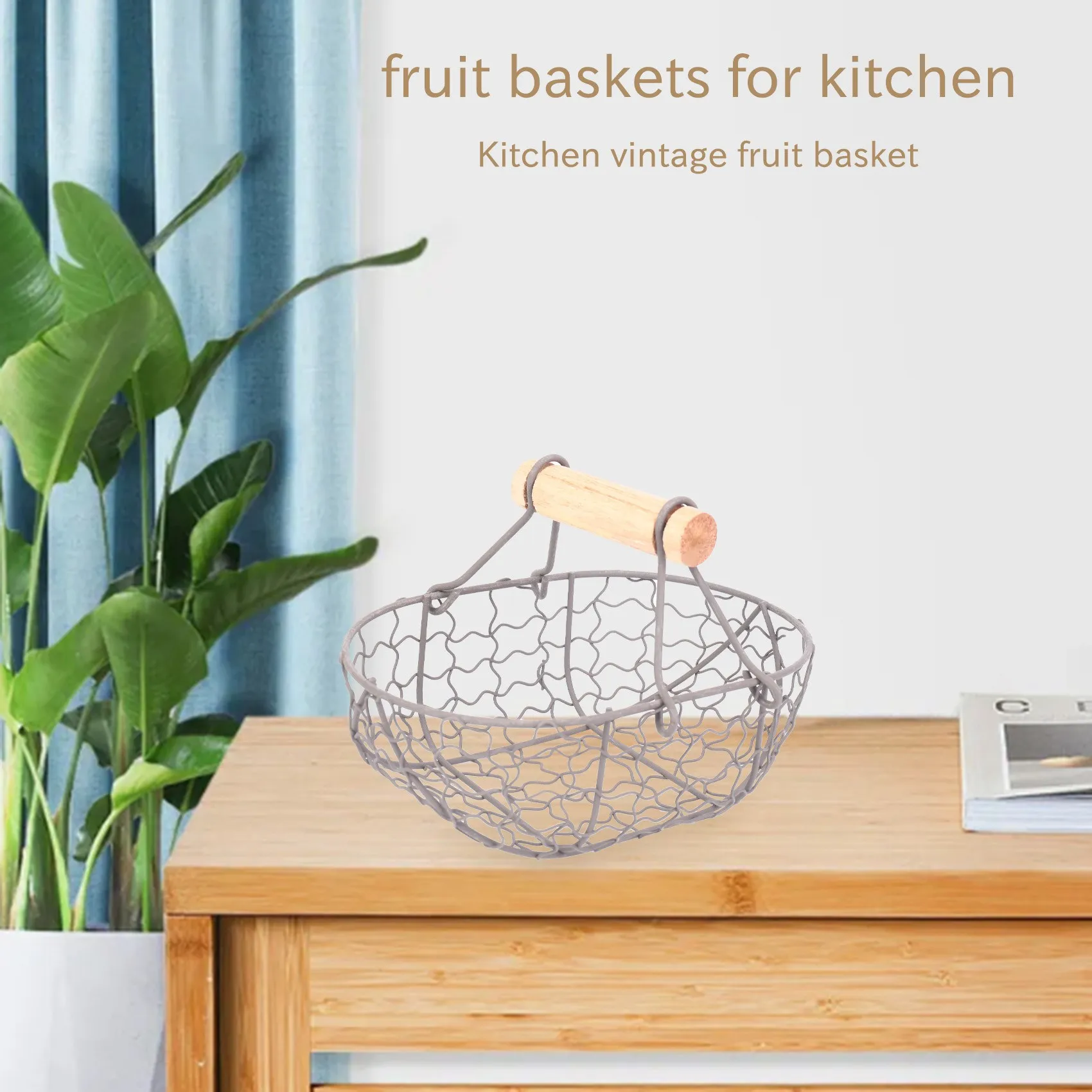 Wooden Handle Metal Retro Basket Portable Multi-Function Vegetable Fruit Egg Groceries Practical Storage Basket Organizer Black