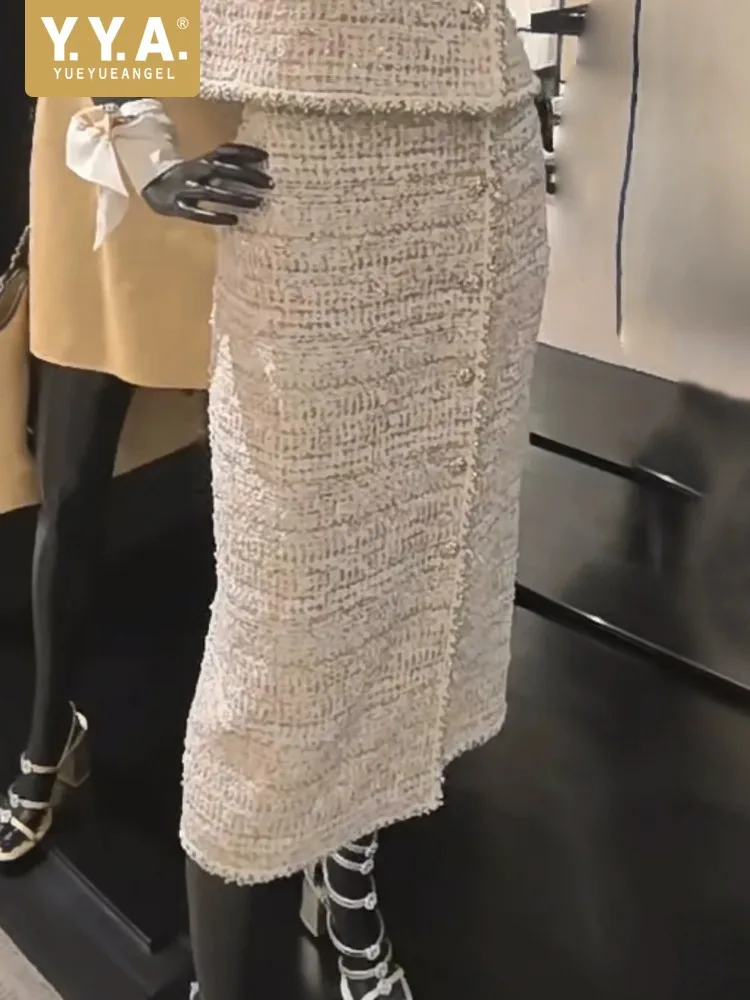 New Spring Women Elegant Tweed Skirt High Quality High Waist Handmade Office Ladies Casual Fashion Slim Fit Long A Line Skirts
